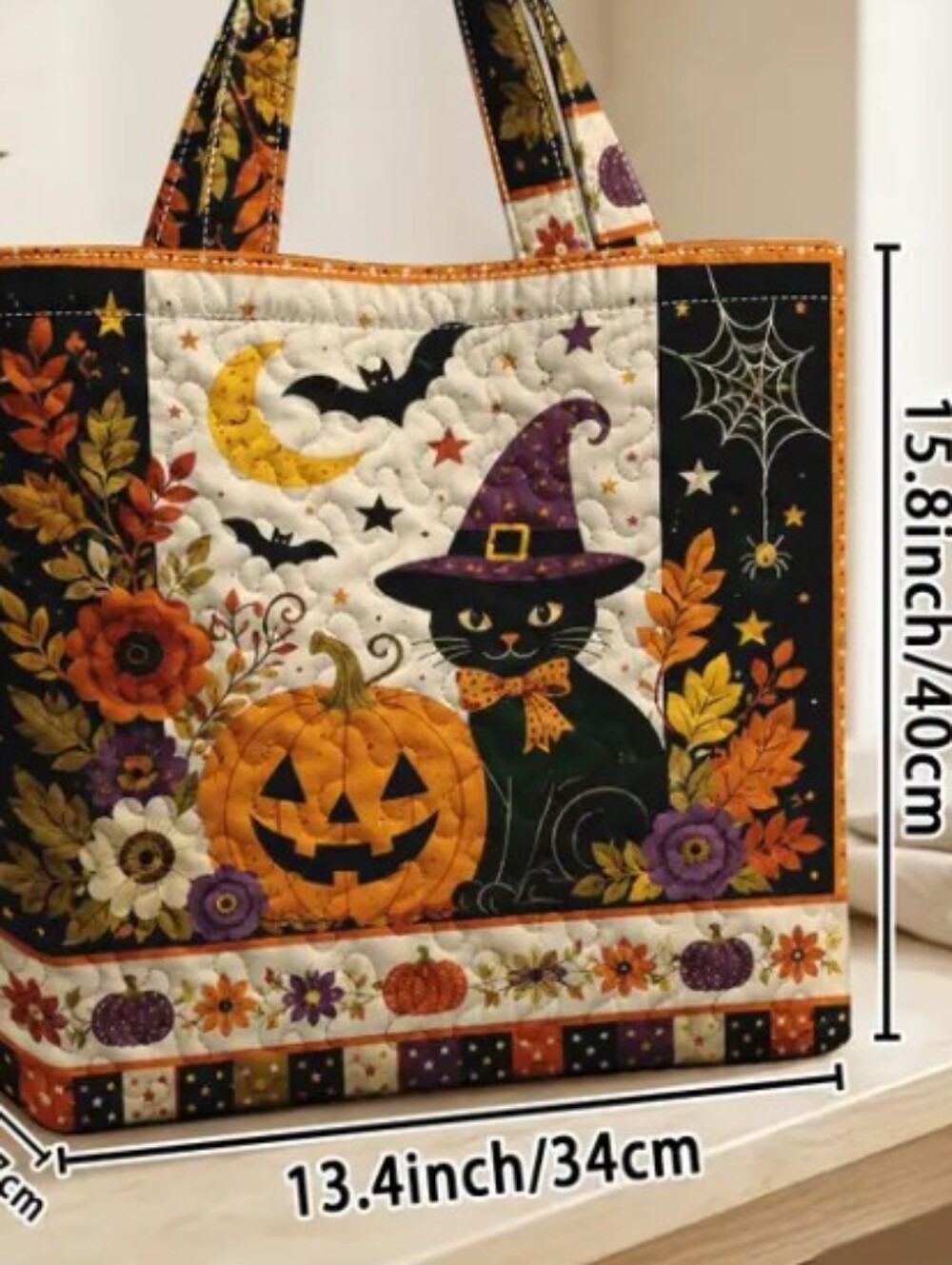 Halloween Cat & Pumpkin Quilted Tote Bag